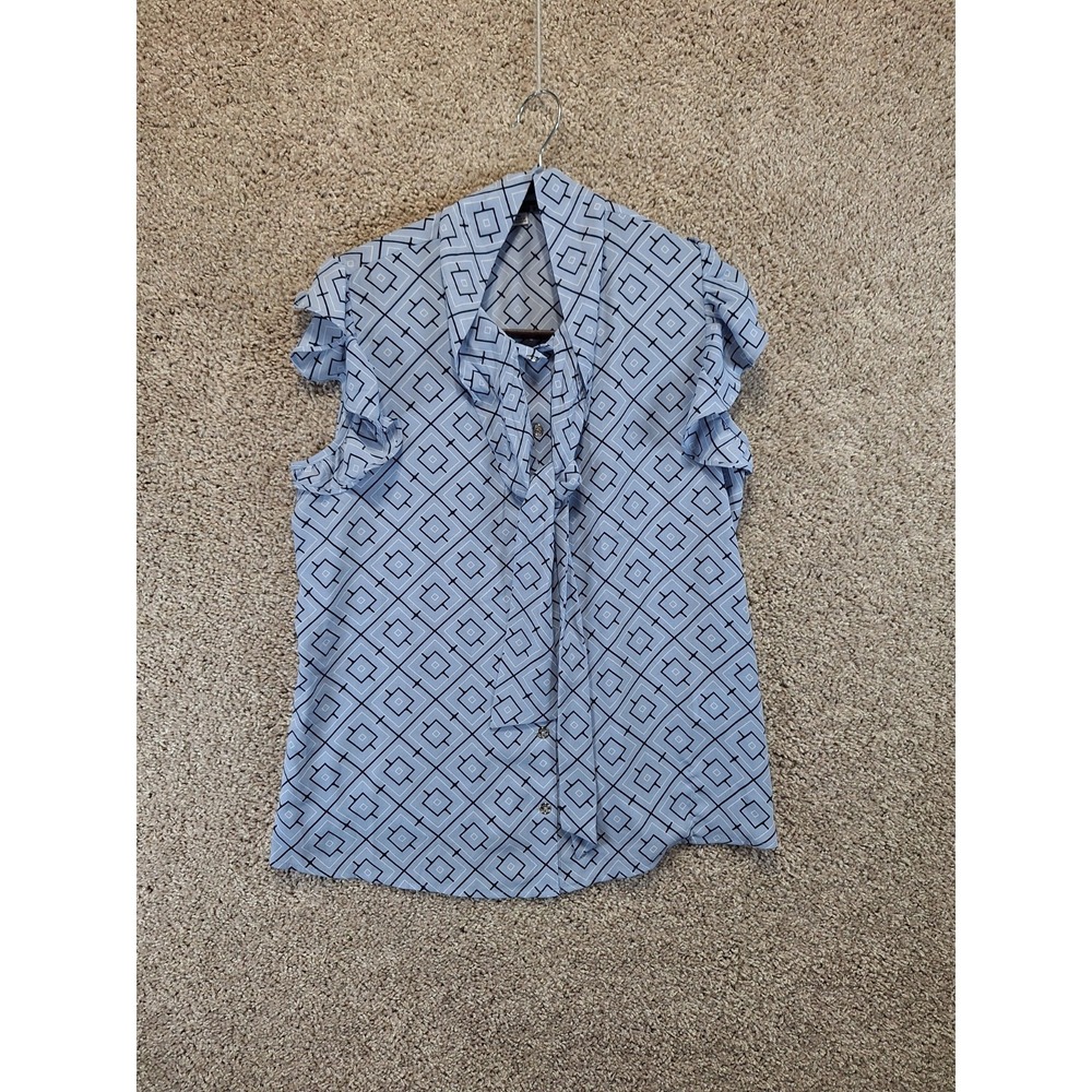 Tommy Hilfiger Blouse Top Women Medium Blue Black Printed Ruffle Sleeve Tie Neck